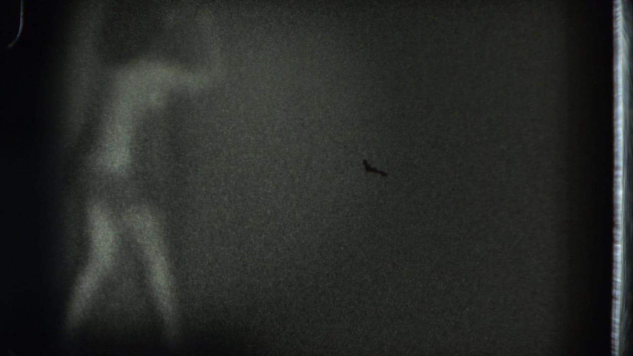 Soft, grainy 1975 8mm frame from San Francisco showing a nude adult woman dancing in a dim interior.