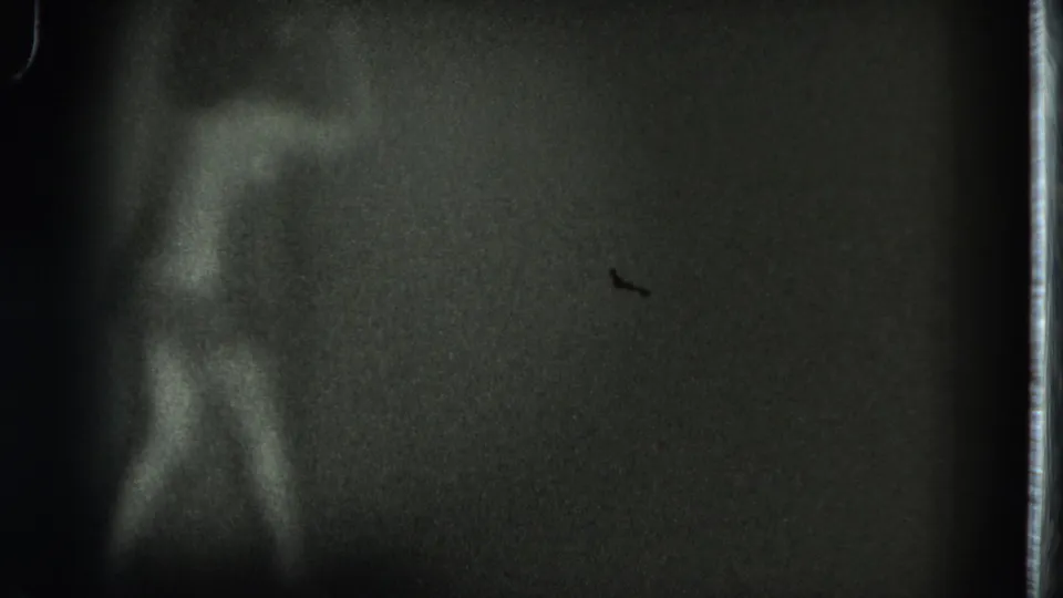 Soft, grainy 1975 8mm frame from San Francisco showing a nude adult woman dancing in a dim interior.