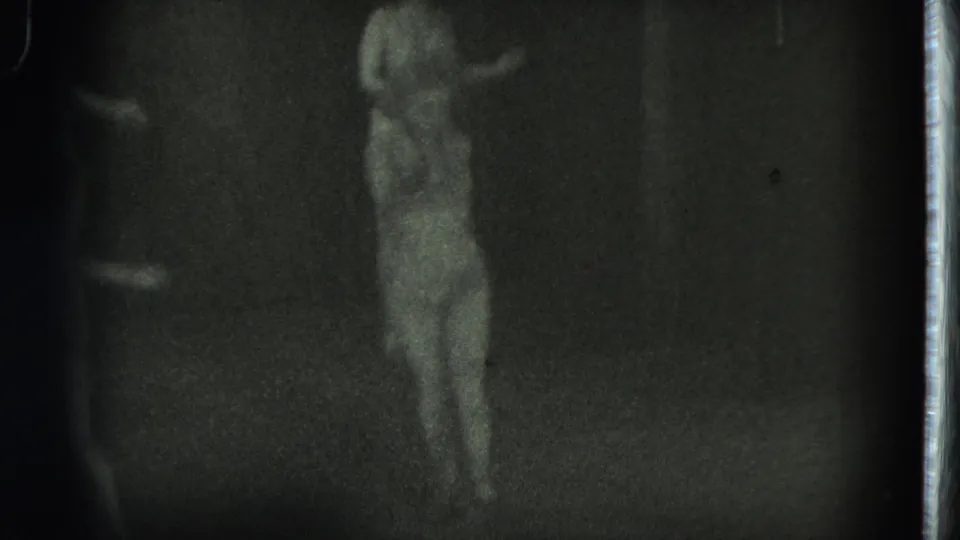 A costumed performer appears on the dim stage in this 1975 San Francisco home-movie frame.