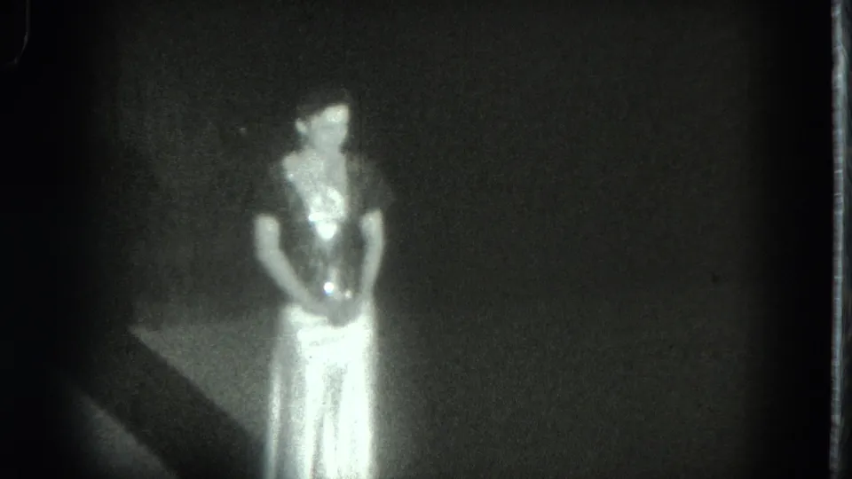 The woman remains facing the camera in a dim 1975 San Francisco interior, with her pale dress catching most of the light.