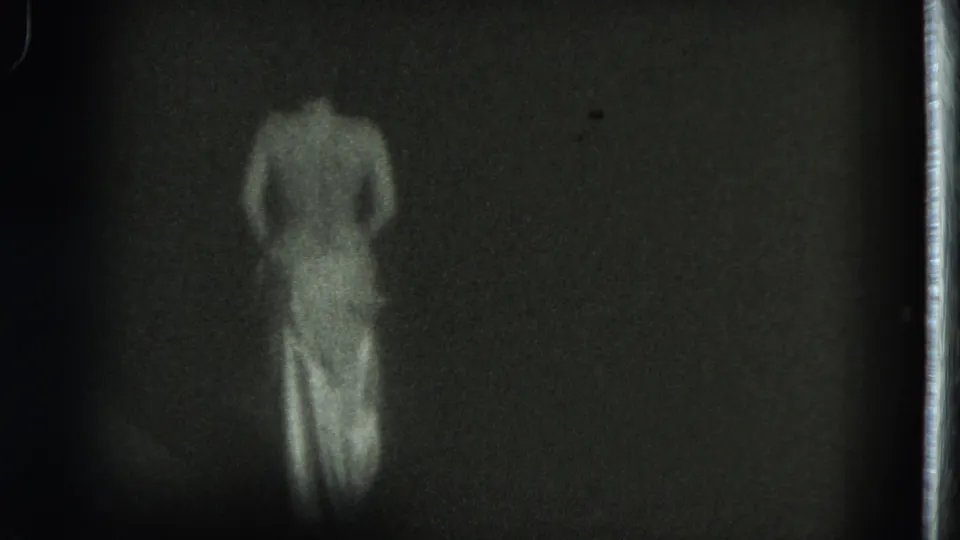 1975 8mm frame from San Francisco metadata showing a topless adult woman from behind in a light skirt against a dark background.