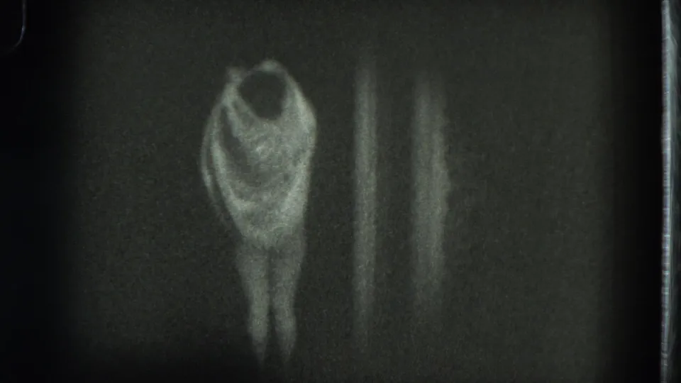 In this 1975 San Francisco 8mm frame, an adult woman stands against a dark wall while lifting fabric or a dress over her upper body.