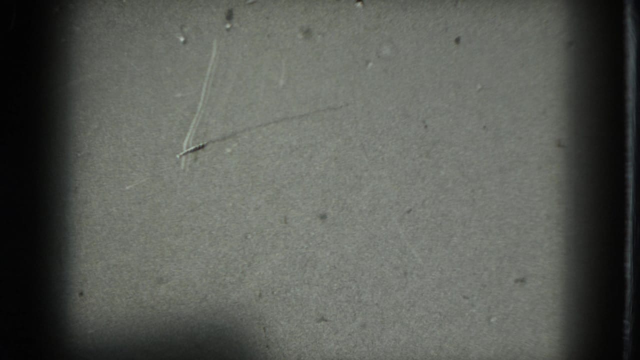 1975 8mm San Francisco footage begins with a dim, scratched frame and dark gate bars, before the dancer becomes visible.