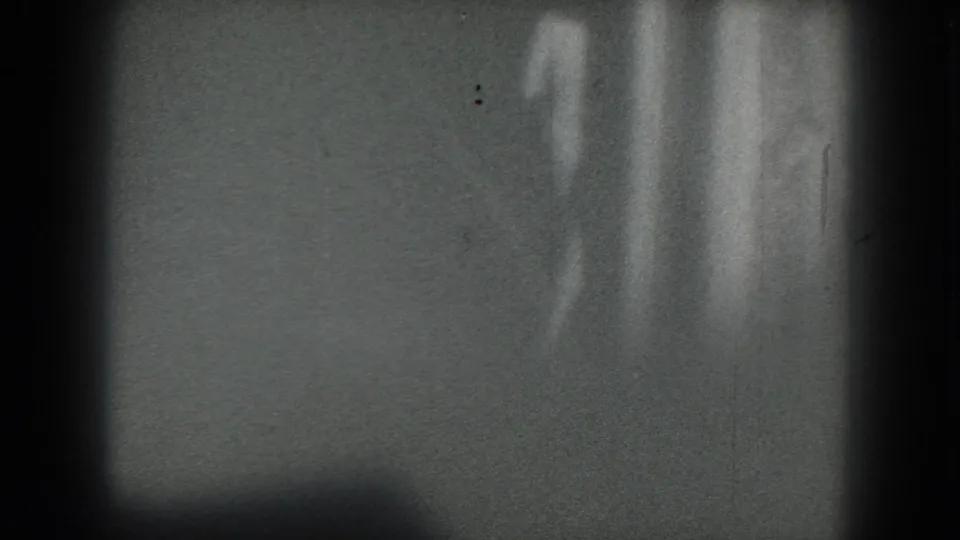 Faint final frame of the 1975 San Francisco home movie, with the woman blurred near the right edge during movement.