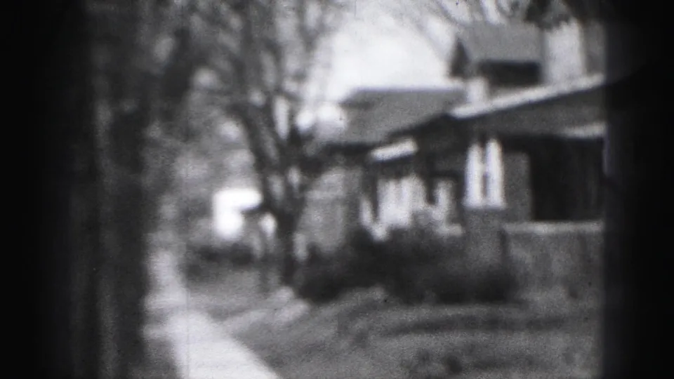 Soft black-and-white Harrisburg street view with houses, bare trees, sidewalk, and a bright distant area.