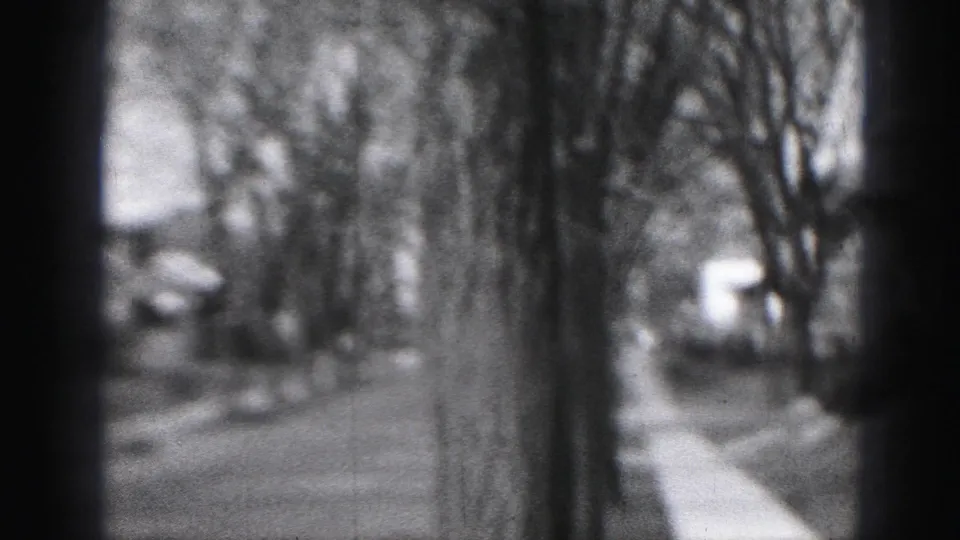 Grainy 8mm view of a residential street in Harrisburg with bare trees, house facades, sidewalk, and a possible parked car.