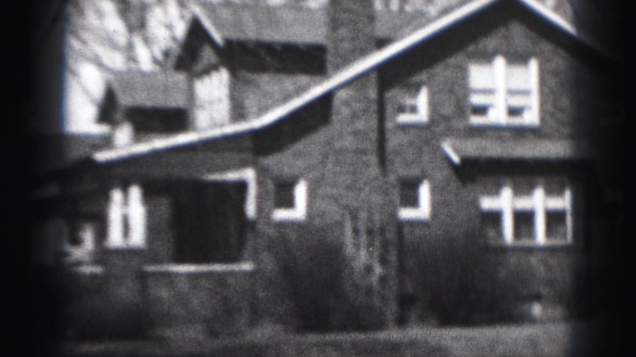 Brick house facade with gabled roof, windows, chimney, bare branches, and lawn.