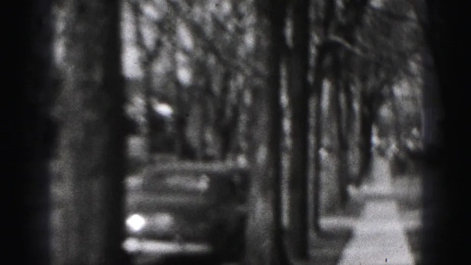 Soft black-and-white view of a Harrisburg residential street with bare trees and a parked car, captured on 8mm film in 1975.
