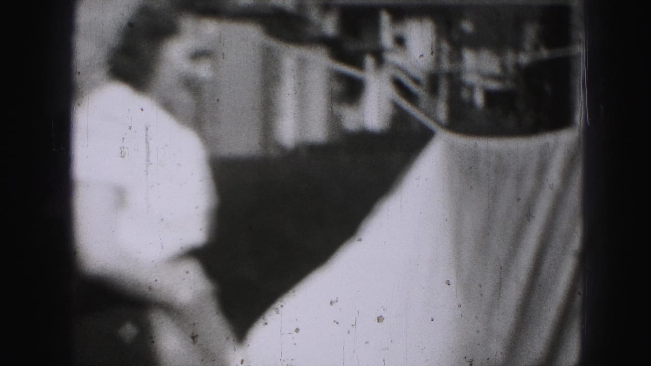 Woman beside a clothesline with a large light sheet in a sunlit yard.