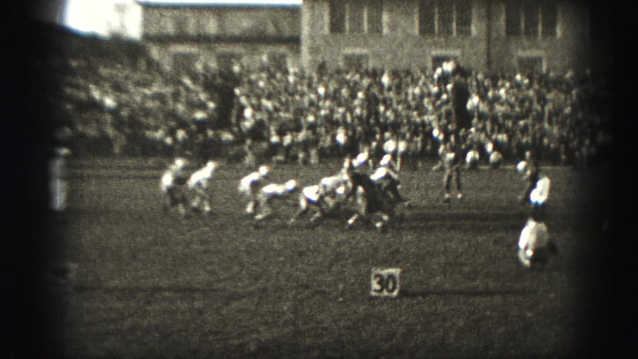 Football players line up on a grass field in front of crowded bleachers.