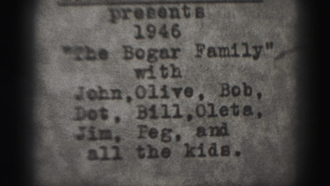 Monochrome 1946 home-movie title card for the Bogar family, framed by dark 8mm gate edges and soft focus.