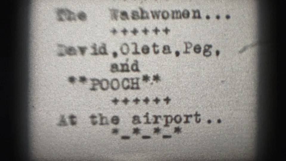 1975 Harrisburg 8mm title card with The Washwomen, names, starred dividers, and a line referencing the airport.