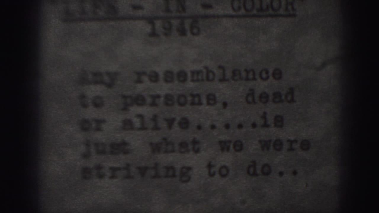 1975 Harrisburg 8mm frame showing a typewritten resemblance disclaimer, partial header text, soft grain, and shadowed frame edges.