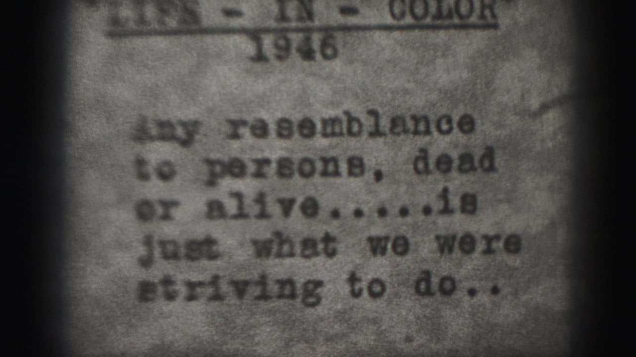 Soft 8mm frame of a typed 1946 disclaimer card, with the phrase about resemblance to persons partly legible.