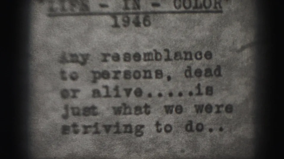Soft 8mm frame of a typed 1946 disclaimer card, with the phrase about resemblance to persons partly legible.