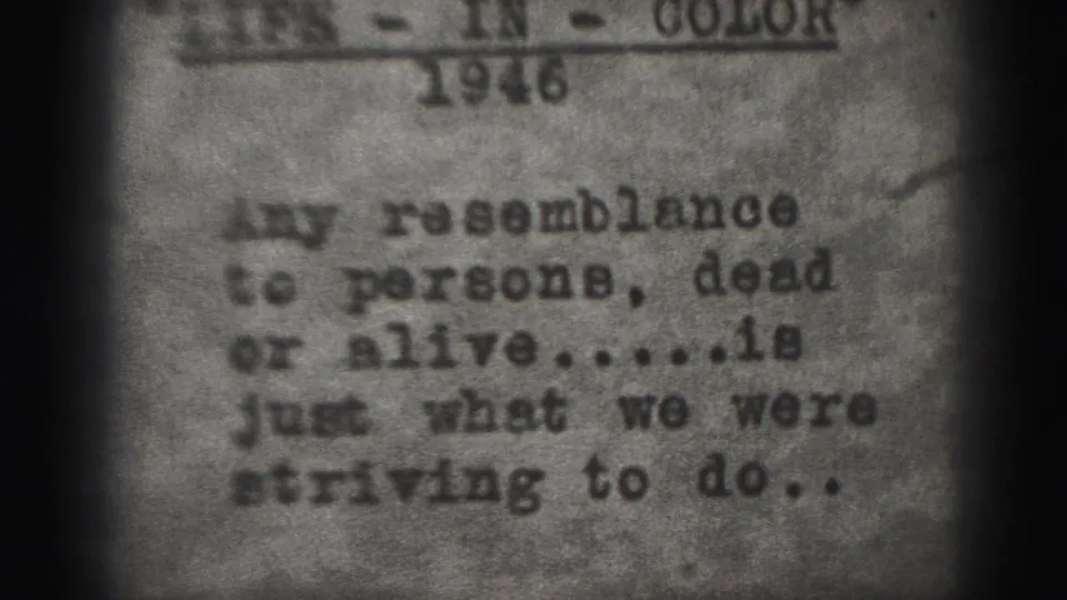 Close, soft 8mm view of the amateur film disclaimer card, with typed lines and the 1946 date partly visible above.