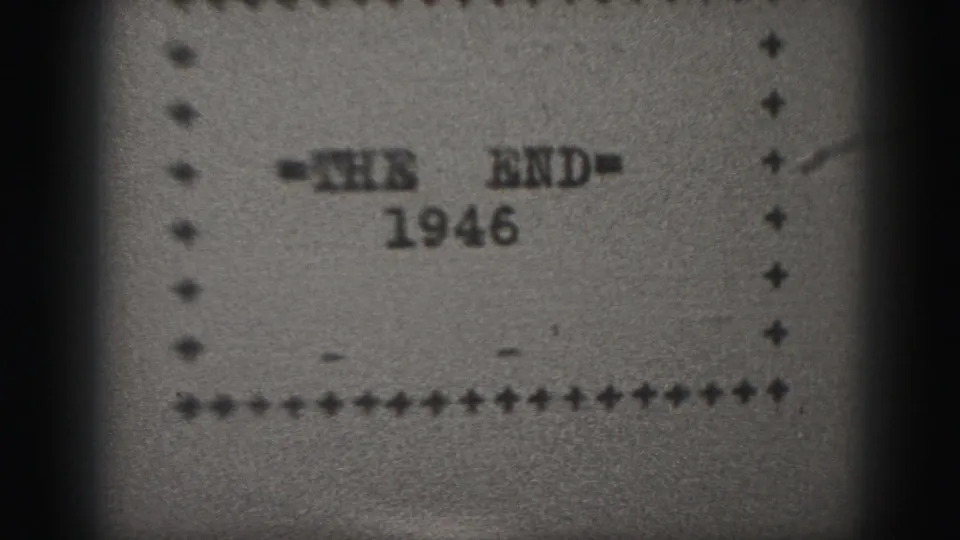 Final frame of a 1946 black-and-white 8mm end card, with the title and date softened by grain and gate-edge shadows.