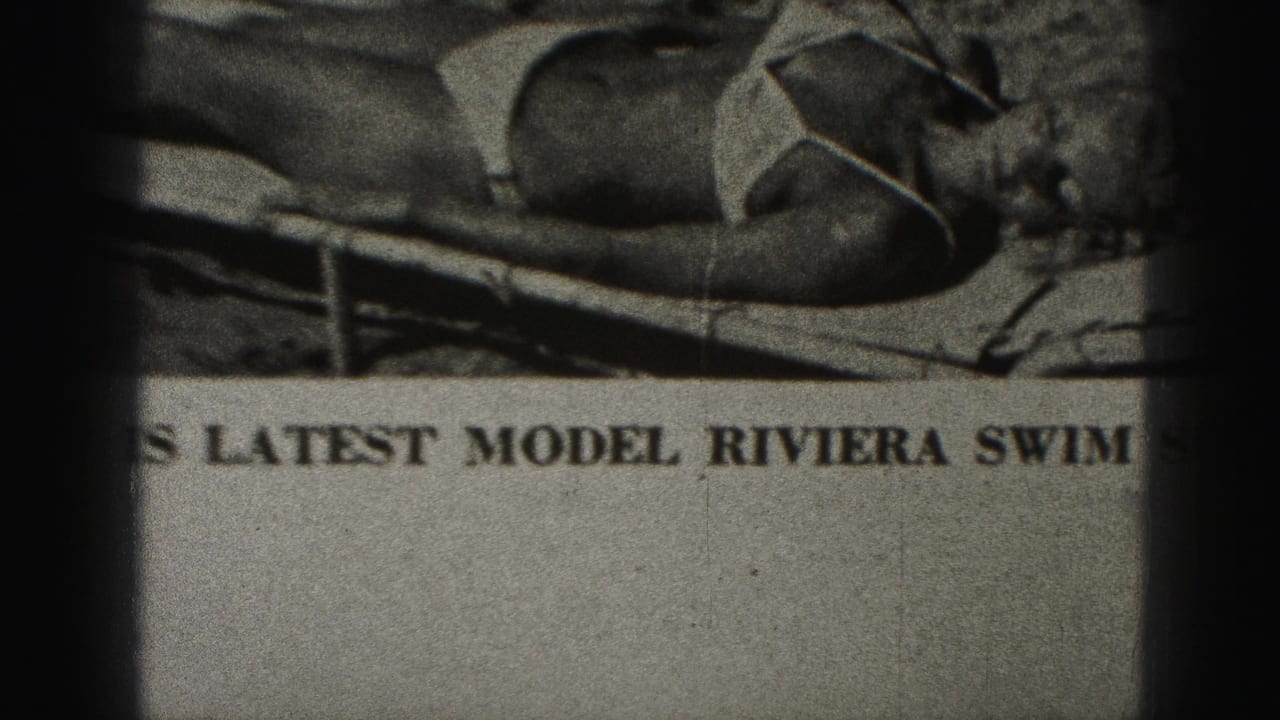 Close view of a printed bikini advertisement with a reclining model and partial Riviera swimsuit text.
