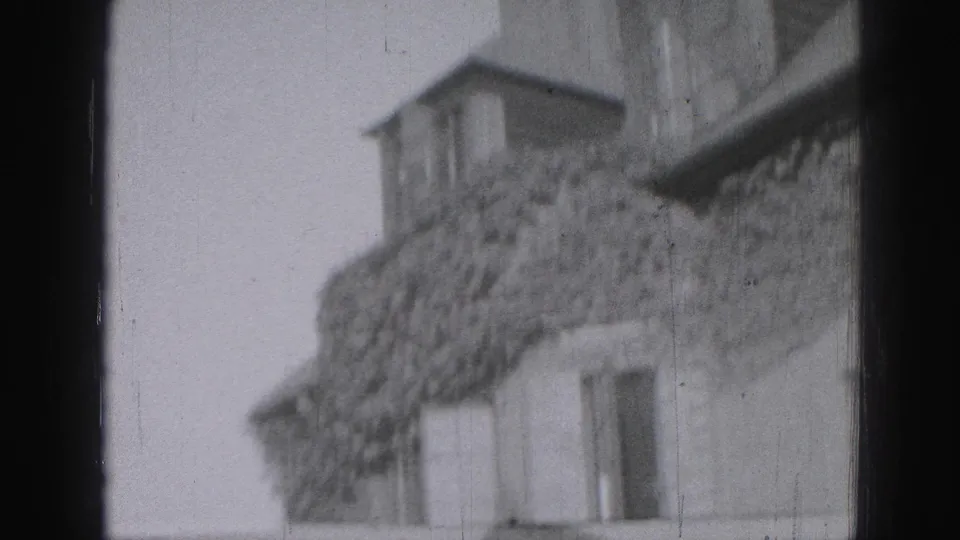 1975 Harrisburg exterior view of a vine-covered wall, lower windows, and a small dormer-like roof feature.