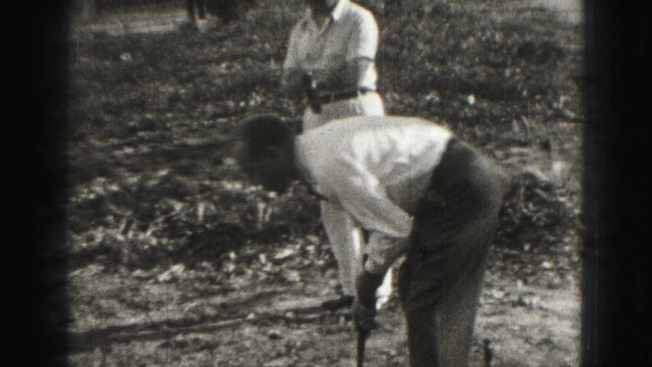 A 1975 Harrisburg golf scene with a golfer bent over a club and two nearby observers in light clothing.