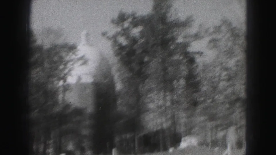 Soft 1975 Harrisburg park frame with blurred trees, dark vertical framing, and a distant domed structure shape.