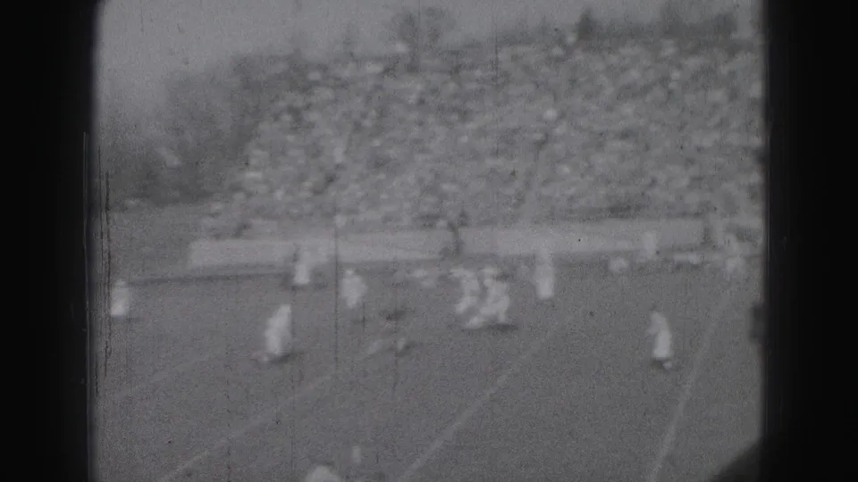 The final frame shows a football play developing near the right side of the field, with a large spectator crowd behind the action.