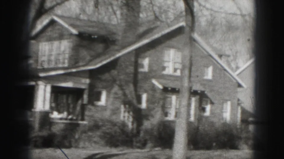 A large two-story Harrisburg house with gabled rooflines, porch columns, winter-bare trees and shrubs appears in the final frame.