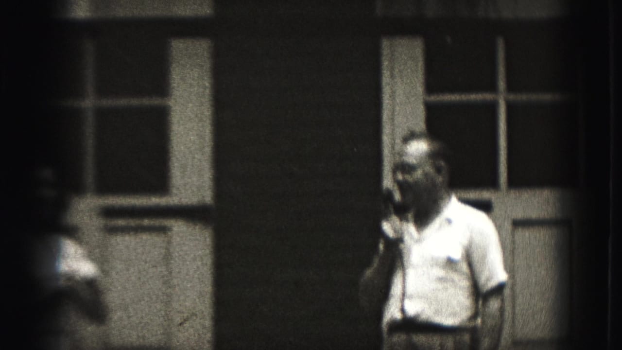 The performer is seen in partial profile with a handheld microphone near paneled doors in the Harrisburg home-movie footage.