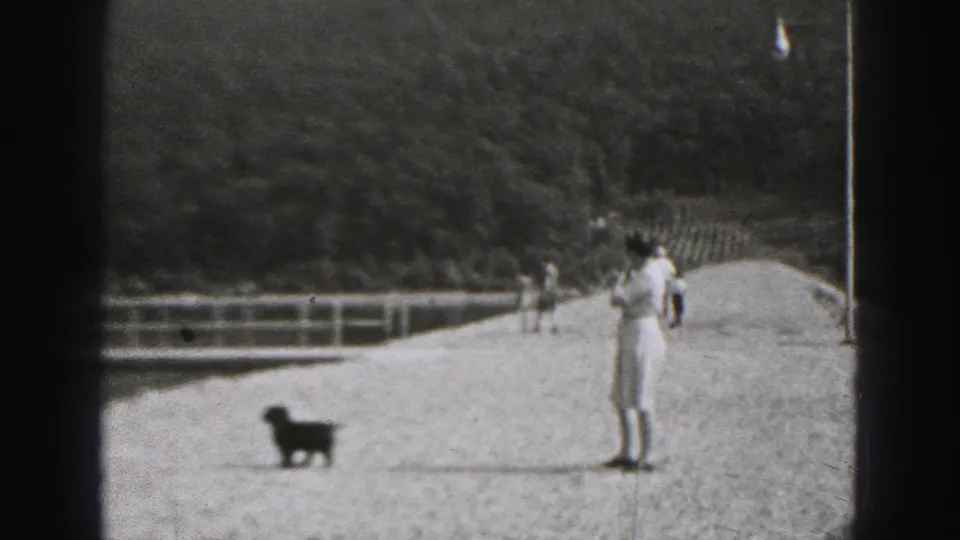 Woman in a light dress stands on a gravel path in Harrisburg home-movie footage as a small dark dog moves nearby near pond water and railings.