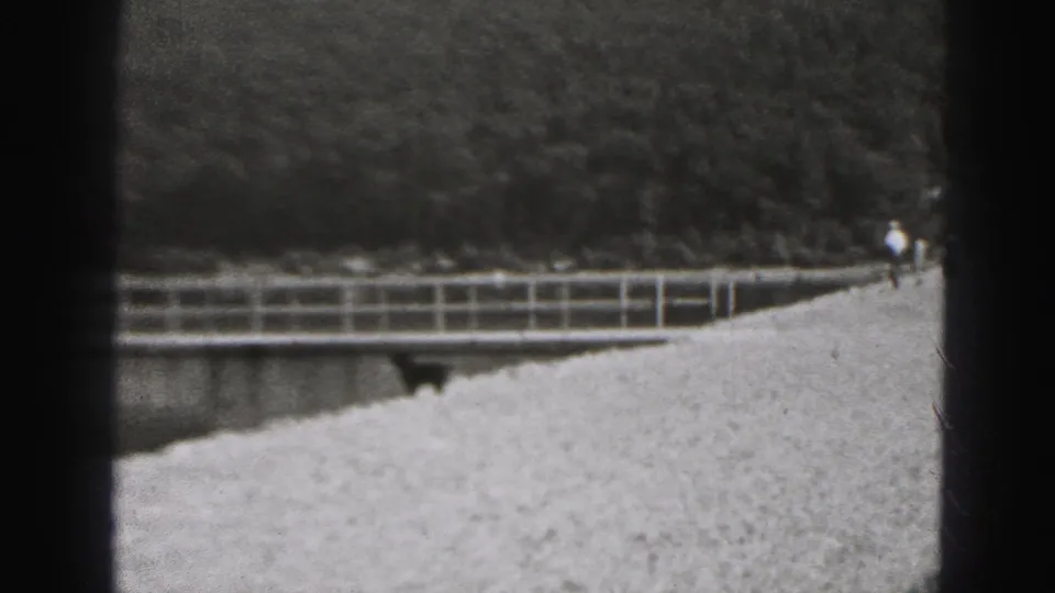 1975 Harrisburg 8mm frame showing a quiet waterside railing, gravel embankment, wooded background, and a distant pedestrian at frame right.
