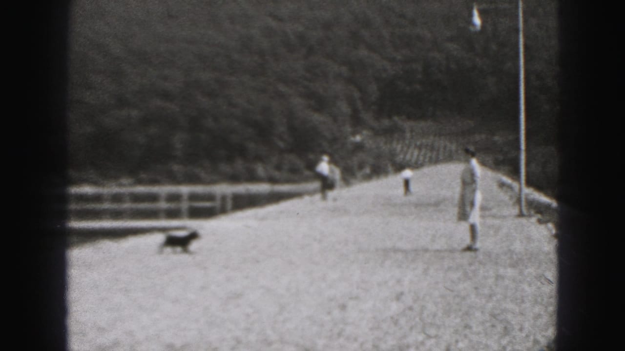 1975 Harrisburg frame with a black dog walking up a snowy path toward a woman in light clothing, with railings and hills in the background.