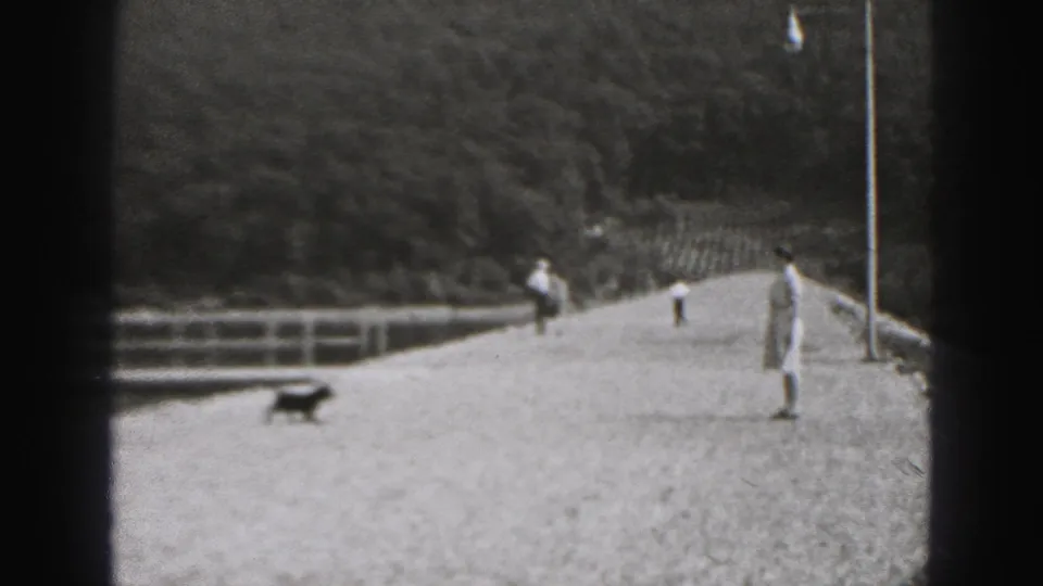 1975 Harrisburg frame with a black dog walking up a snowy path toward a woman in light clothing, with railings and hills in the background.
