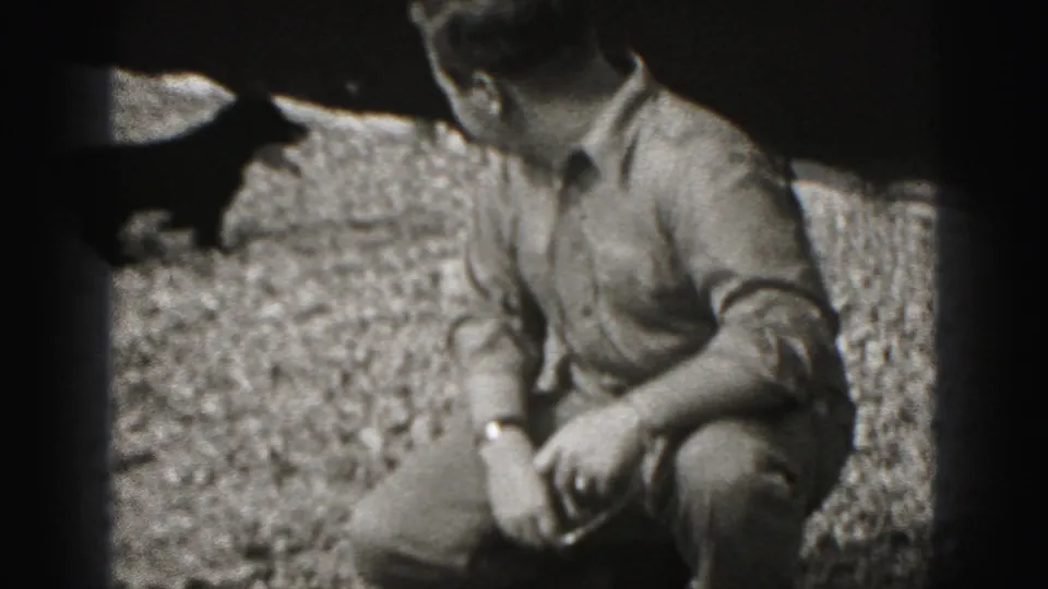 The man remains crouched outdoors in the Harrisburg 1975 footage, looking toward the small black puppy just outside the main frame.