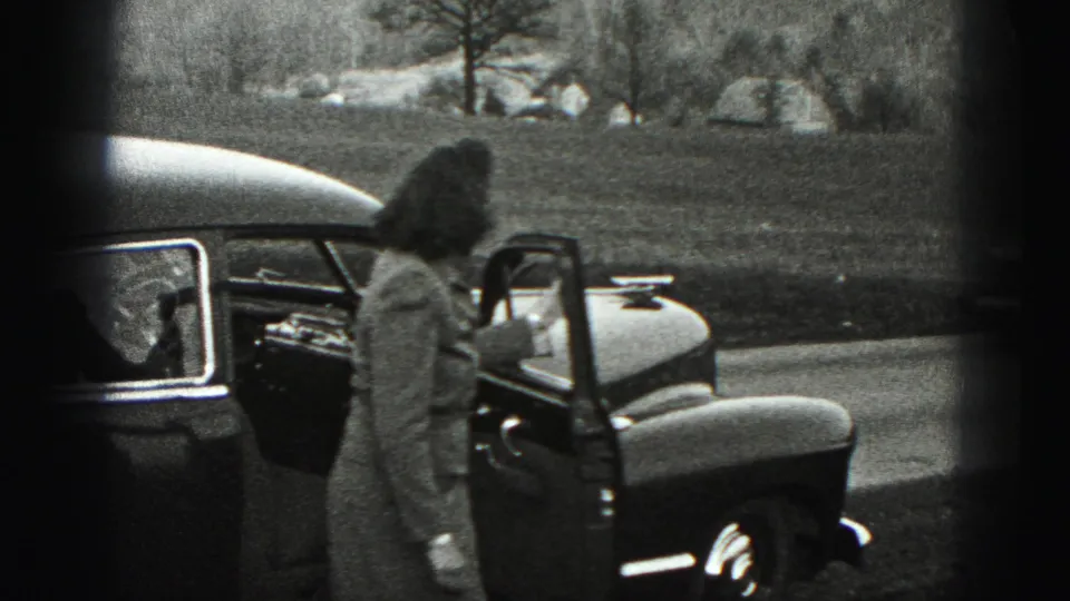 The woman turns near the open door of the sedan, seen in profile against the grassy outdoor setting.