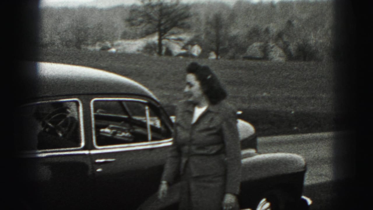 The woman appears in profile next to the sedan, with a rural Pennsylvania landscape and distant houses in the background.
