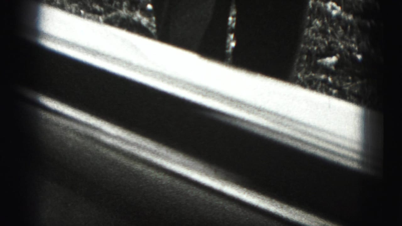 Reflective surface with blurred outdoor ground and partial trouser legs.