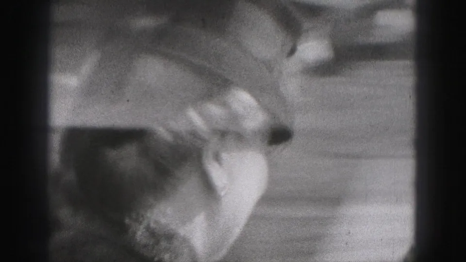 A close 1975 Harrisburg home-movie frame shows a man in a brimmed hat smiling as the camera passes.