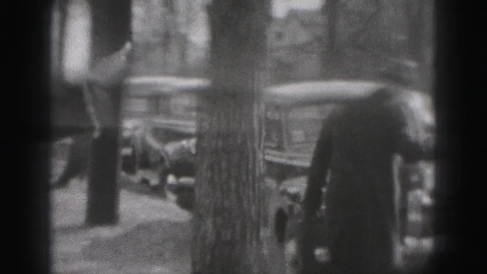 An adult in a dark coat moves along a Harrisburg street beside parked cars, trees, and blurred background buildings.