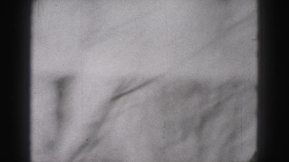 1975 Harrisburg 8mm frame showing a pale outdoor surface with faint tree branches and heavy film grain.