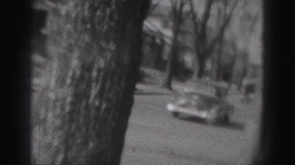 1975 Harrisburg home-movie frame showing a car moving along a quiet street behind foreground trees.