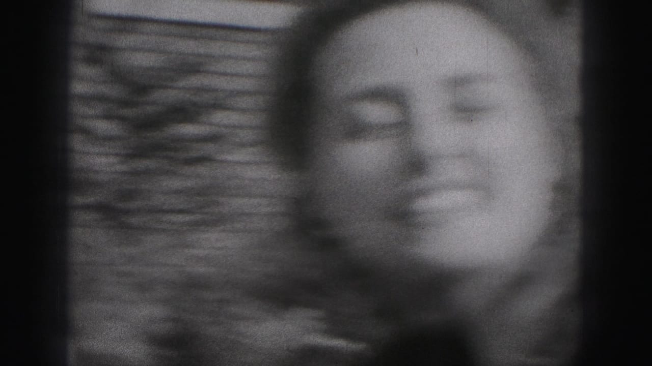 A smiling woman appears in soft focus near brickwork in a 1975 Harrisburg home-movie frame.