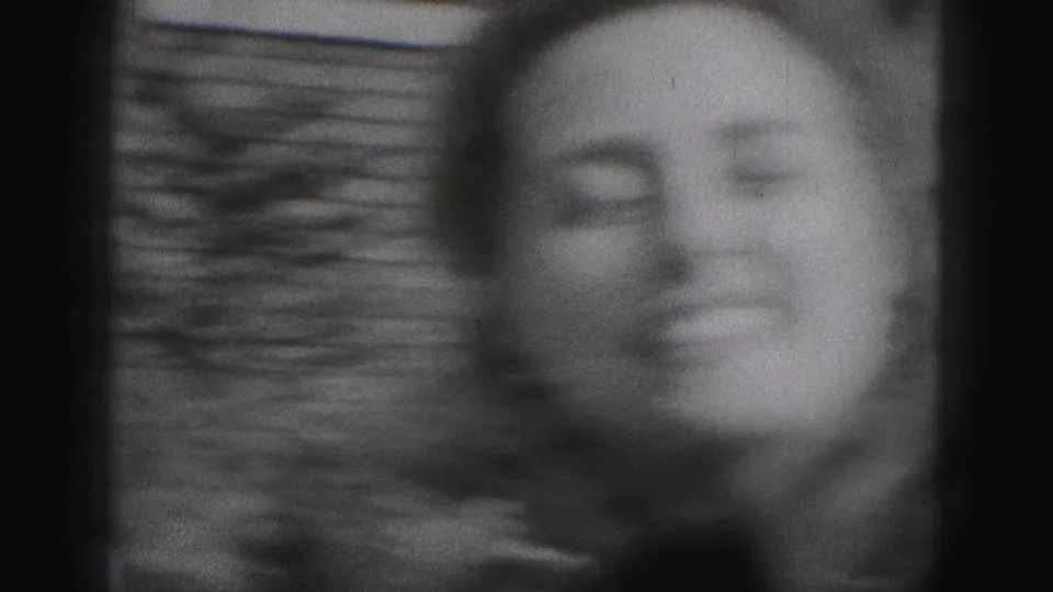 A smiling woman appears in soft focus near brickwork in a 1975 Harrisburg home-movie frame.