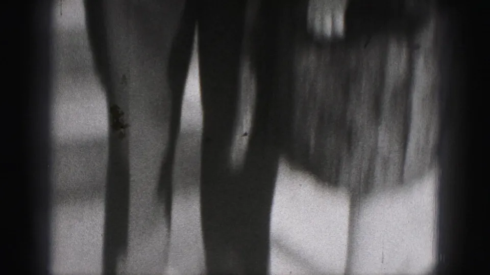Opening 8mm frame from the 1975 Harrisburg home movie, mostly abstract with soft vertical forms and dark exposure.