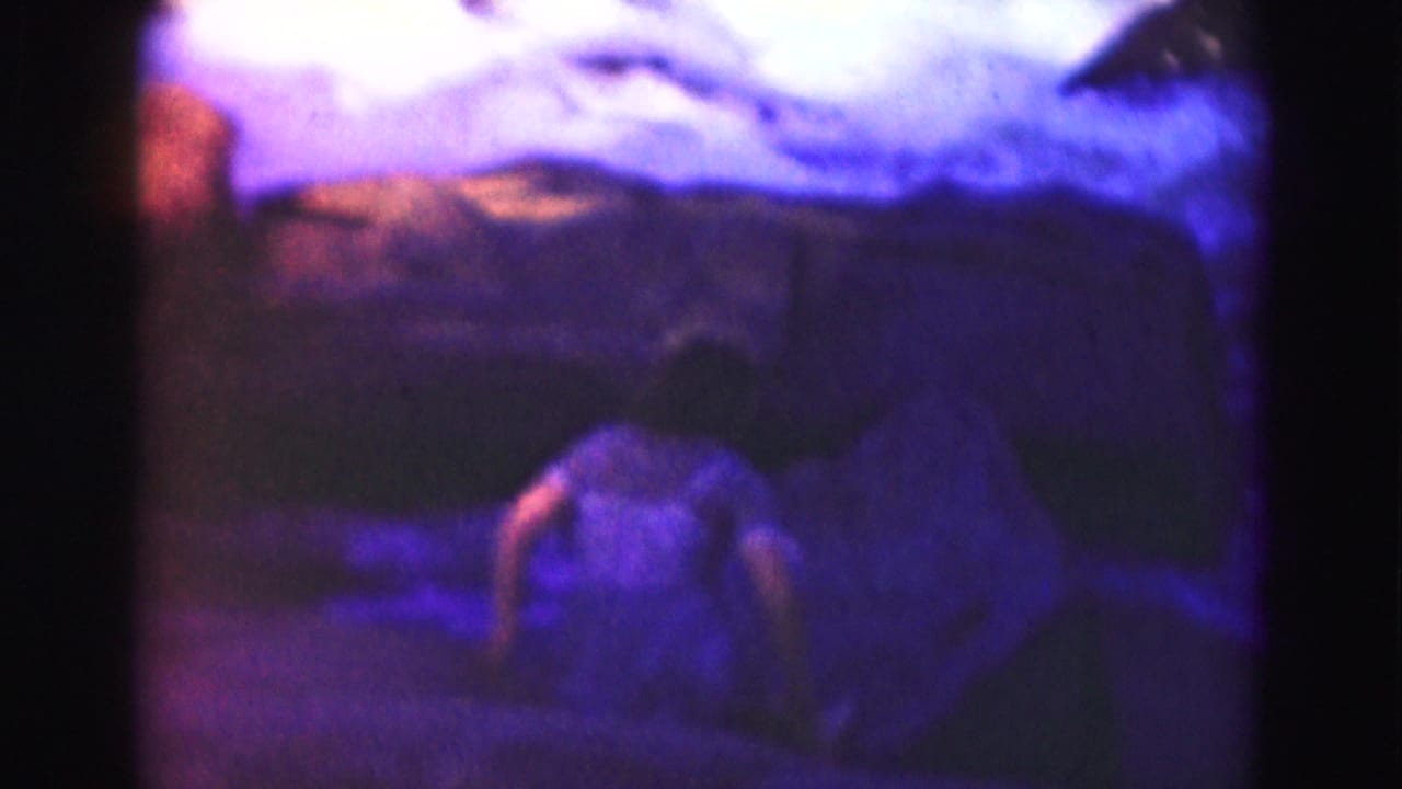 1975 8mm Washington, DC frame showing a soft figure by rocks and water, with heavy blue-purple color shift and film border.