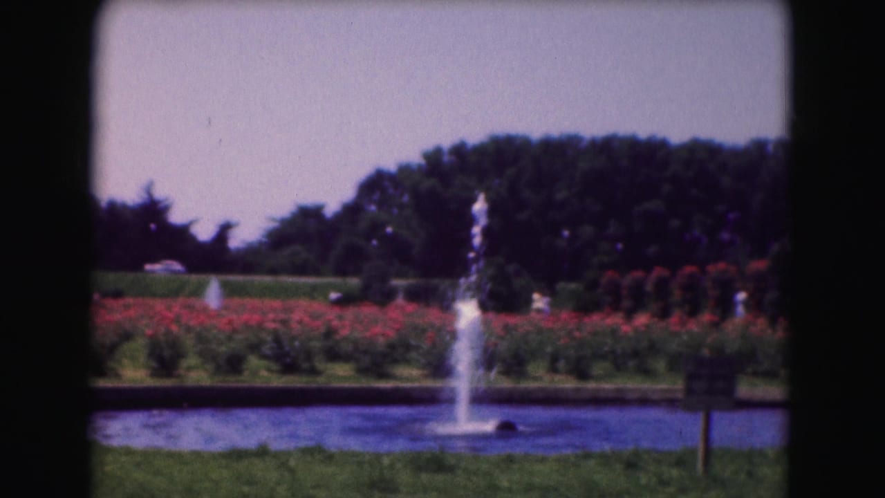 1975 Washington DC garden scene with a fountain in a pond, red flower beds, clipped shrubs, trees, lawn, and a sign near the water.