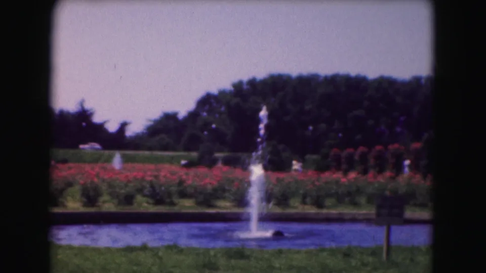 1975 Washington DC garden scene with a fountain in a pond, red flower beds, clipped shrubs, trees, lawn, and a sign near the water.