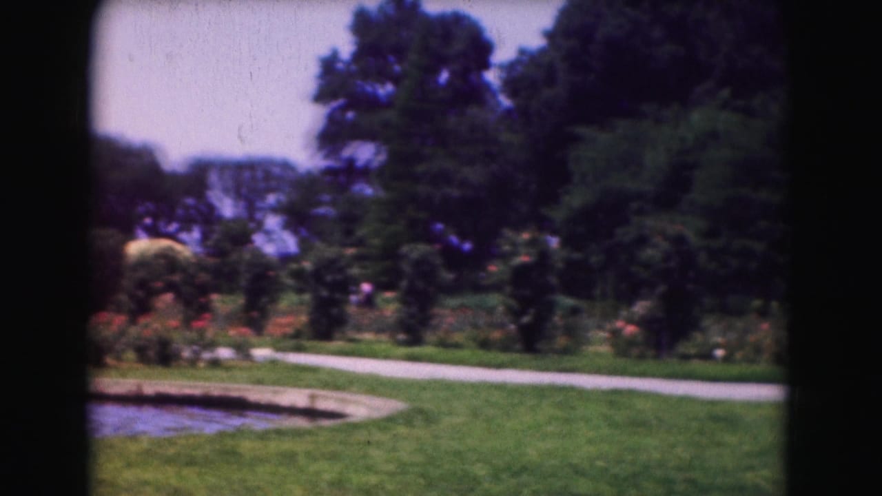1975 Washington DC 8mm frame showing a landscaped garden with green lawn, curved paved path, pond edge, trees, and flower beds.