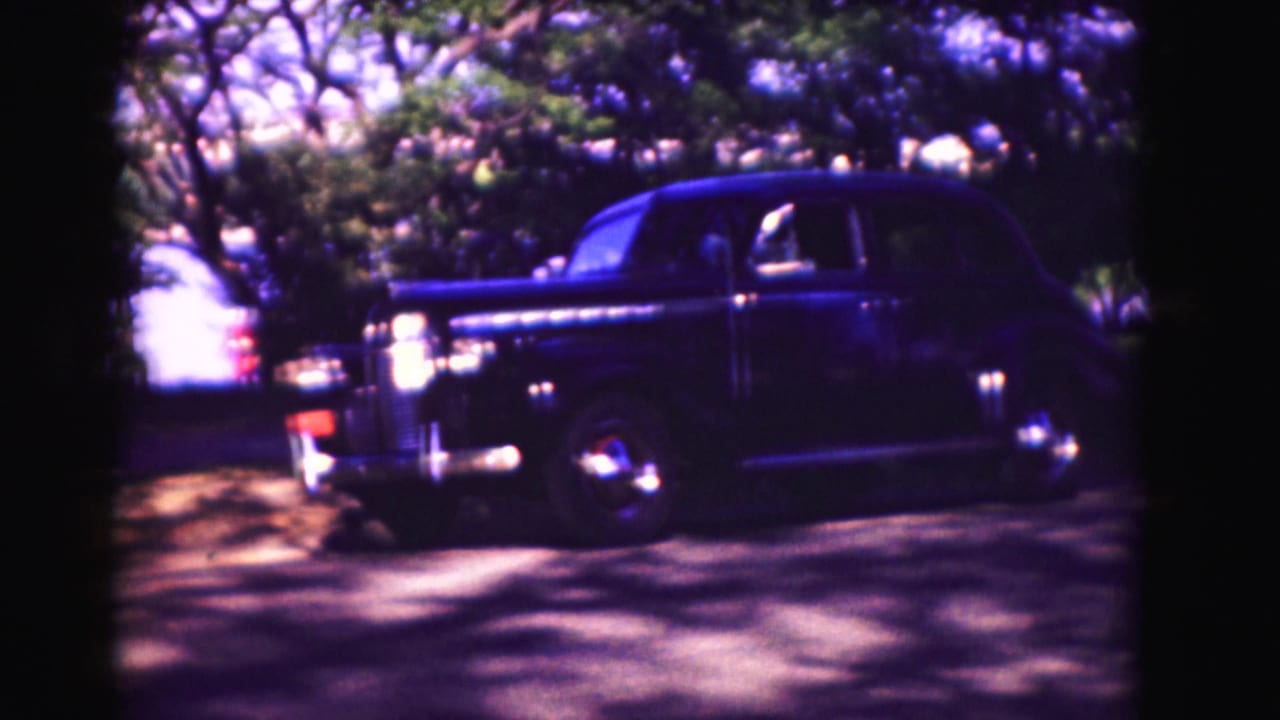 Side view of a dark vintage sedan parked under leafy trees.