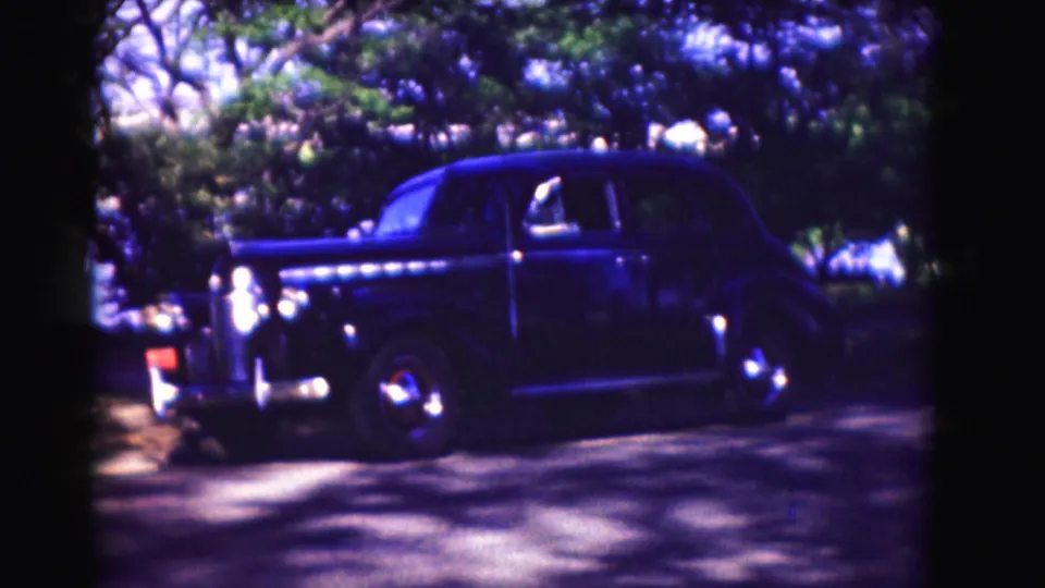 The final frame holds on the parked older sedan in blue-purple 8mm color under a leafy roadside canopy.