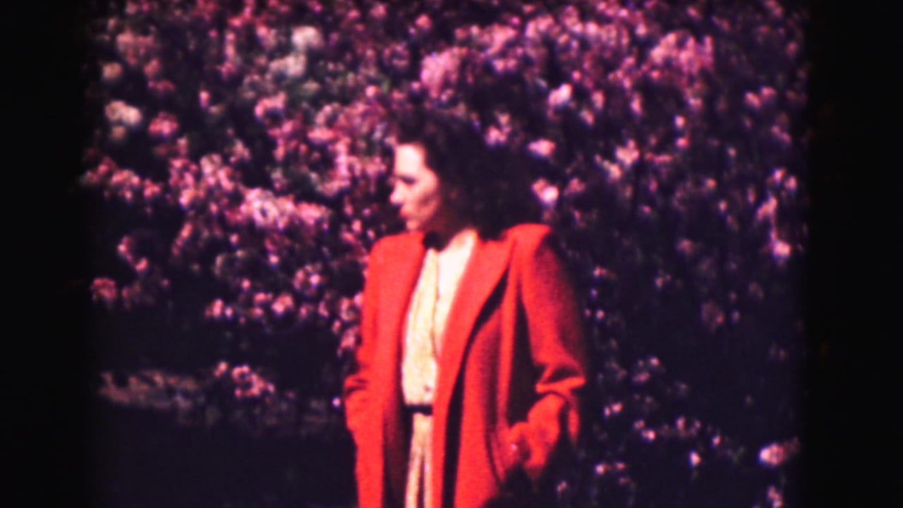 In metadata-supported 1975 Washington DC footage, a woman in a red jacket waits beside a purple-pink flowering hedge.